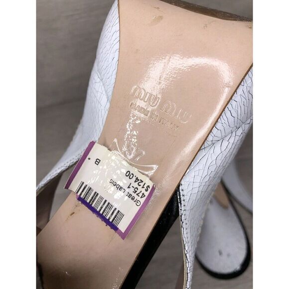 miu miu Great Labels White Patent Black Bow Peep Slingback Heels Women Sz 37EU/6 - Picture 11 of 16